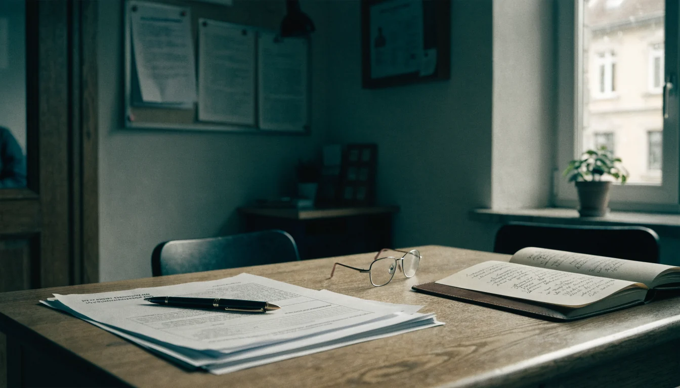 Schreibtisch mit Vertragsunterlagen, Brille und Notizbuch in deutschem Büro