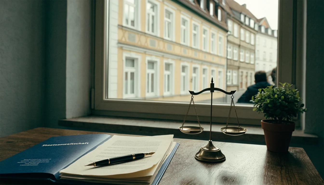Schreibtisch mit Aktenordner, Gesetzesskala und Tageslicht in deutschem Büro