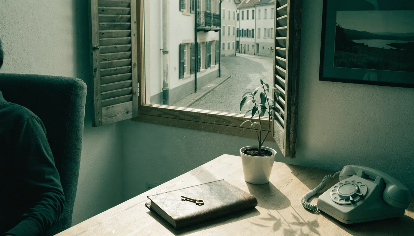 Schreibtisch mit geschlossenem Notizbuch, Schlüssel und Telefon am Fenster eines deutschen Homeoffice.