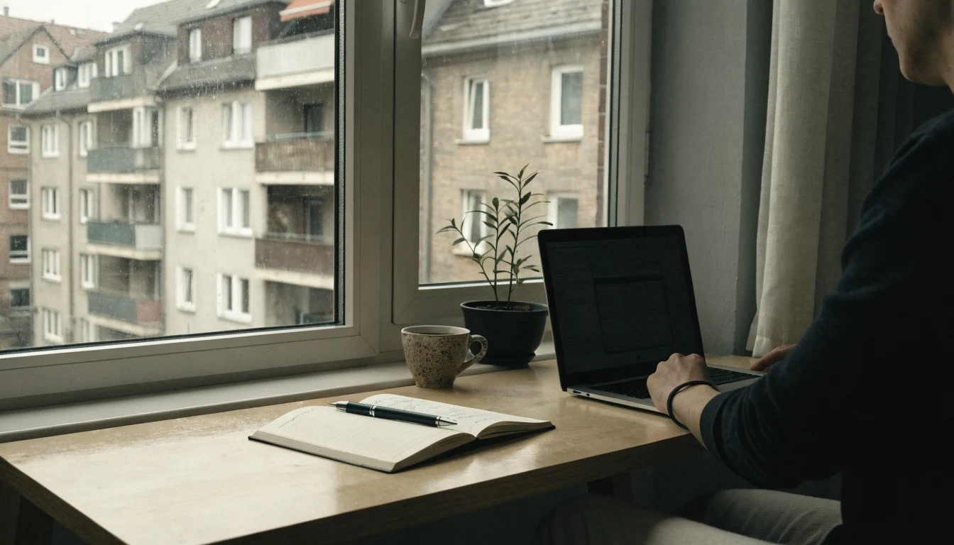Schreibtisch mit Laptop, Notizbuch und Kaffeetasse am Fenster