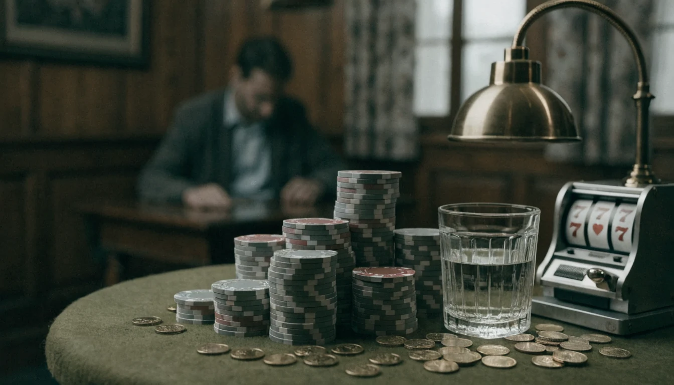 Stapel Casino-Chips auf grünem Filztisch mit Spielautomaten und goldenen Münzen.