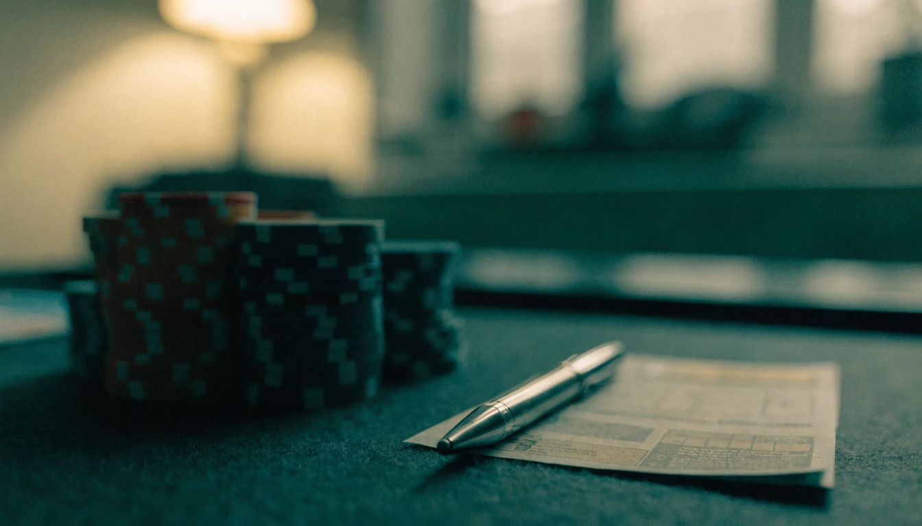 Spielchips und Informationsblatt auf Filzunterlage bei Lampenlicht.