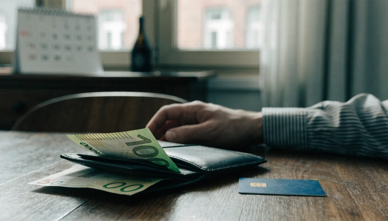 Geldbörse mit Euroscheinen und Karte auf Esstisch neben Kalender.