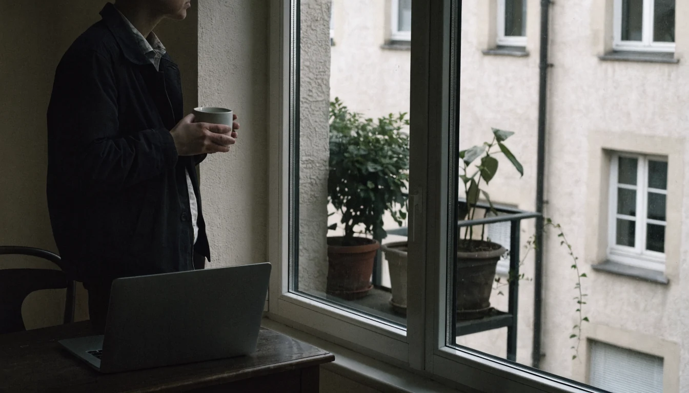 Person steht mit Tasse am Fenster und blickt nach draußen.