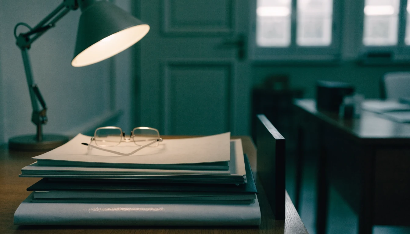 Stapel mit Berichten und Ordnern auf einem Büroschreibtisch unter Lampe.